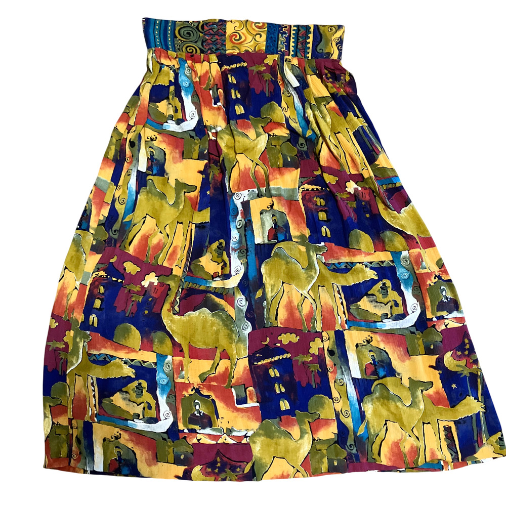 Vtg Boho Festival Skirt L Flowy Resort Art to Wear Gypsy Statement Midi Pull-On